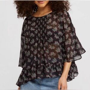 🆕Anna Sui Black Sheer Floral Ruffle Bell Sleeve Blouse M🆕
